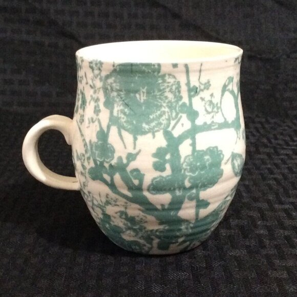 Anthropologie Coffee Mug Monogram Lower Case s Curved Sage Coral Floral Garden - Picture 2 of 6